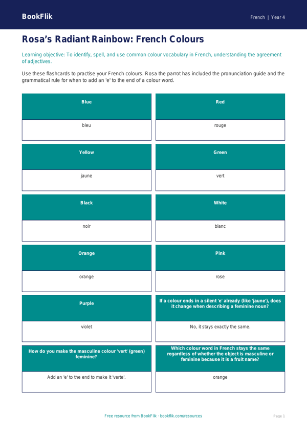 Colours in French Flashcards | Class 4 CBSE | BookFlik worksheet preview — French Colours