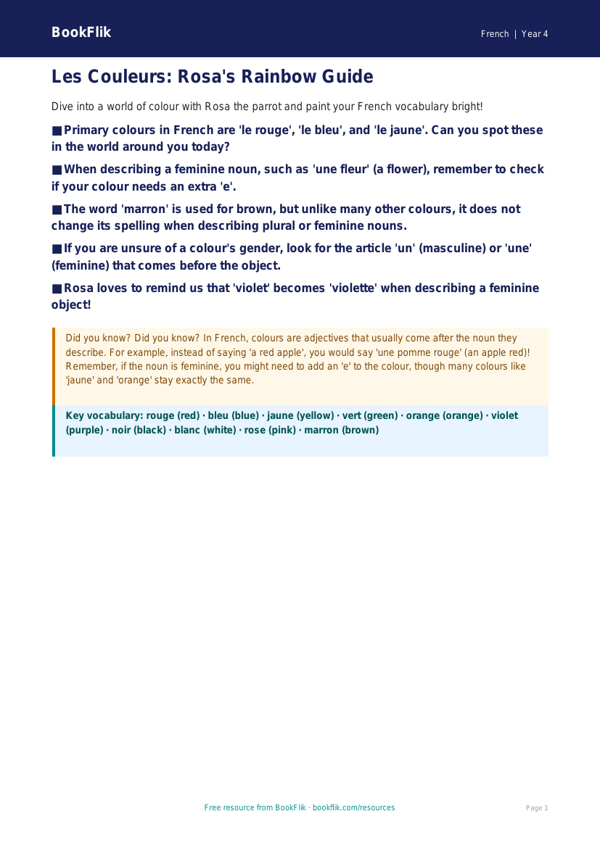 French Colours Poster for Class 4 | CBSE French Learning | BookFlik worksheet preview — French Colours