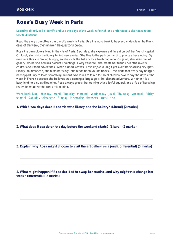 Days of the Week in French | Class 4 CBSE Worksheet | BookFlik worksheet preview — French Days Of The Week