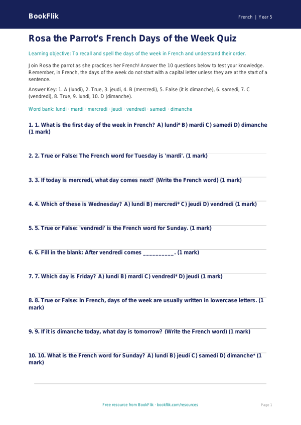 Days of the Week in French Quiz | Class 5 CBSE | BookFlik worksheet preview — French Days Of The Week