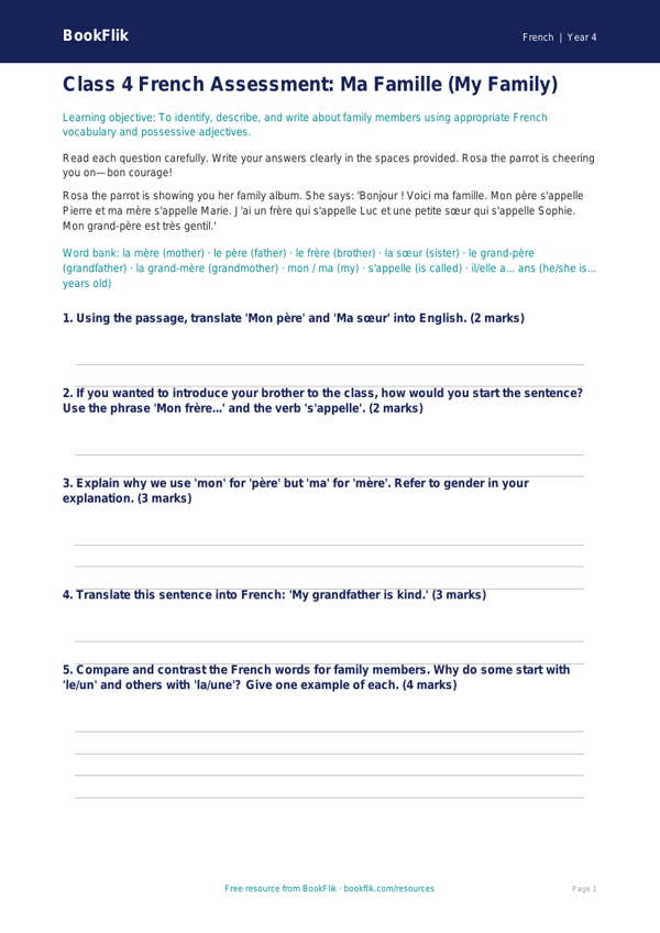 Class 4 French Family Assessment Worksheet | CBSE Curriculum worksheet preview — French Family
