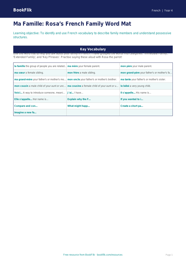French Family Vocabulary Word Mat | Class 4 CBSE | BookFlik worksheet preview — French Family