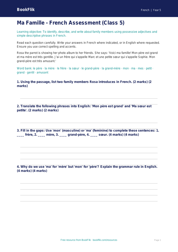 Class 5 French Family Vocabulary Worksheet | CBSE Learning worksheet preview — French Family