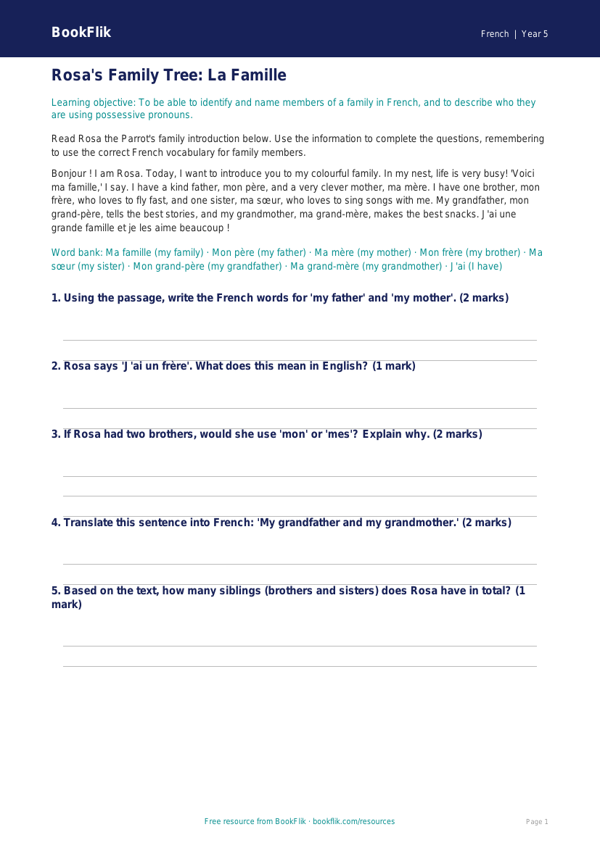 French Family Vocabulary Worksheet | Class 5 CBSE | BookFlik worksheet preview — French Family