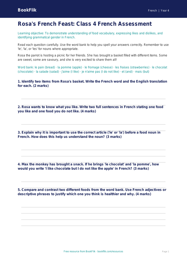 Class 4 French Food Assessment | CBSE Curriculum | BookFlik worksheet preview — French Food