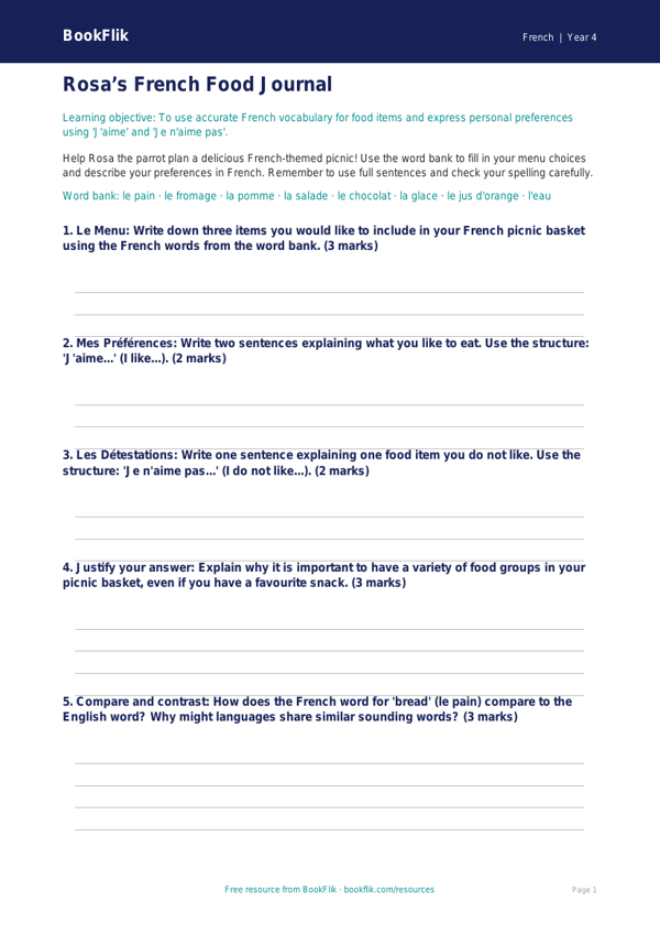 French Food Vocabulary & Culture | Class 4 Worksheet | BookFlik worksheet preview — French Food