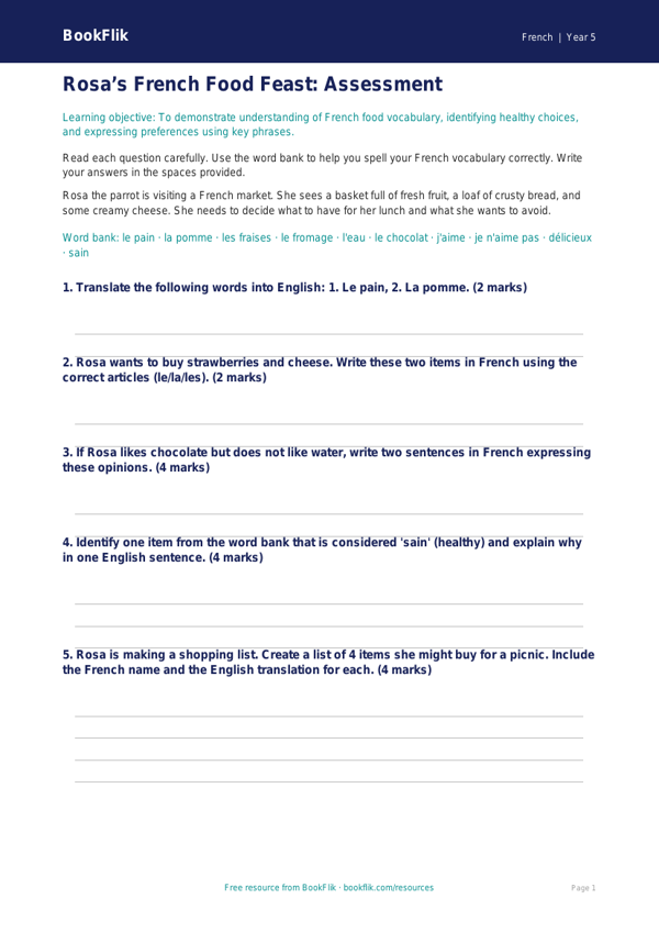 French Food Vocabulary Worksheet | Class 5 CBSE | BookFlik worksheet preview — French Food