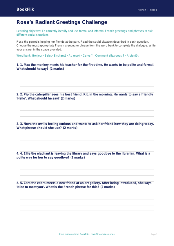 Free Greetings Activity Sheet | Class 5 | French | BookFlik worksheet preview — French Greetings