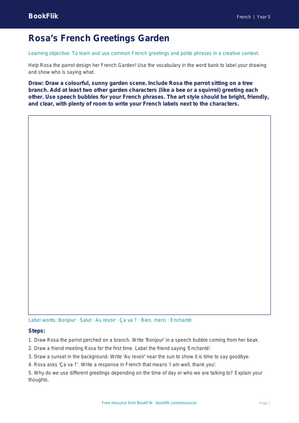 Free French Greetings Drawing Sheet | Class 5 CBSE | BookFlik worksheet preview — French Greetings