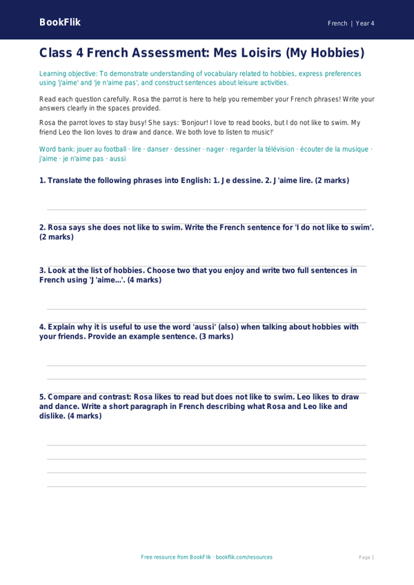 French Hobbies Assessment for Class 4 | CBSE Curriculum | BookFlik worksheet preview — French Hobbies
