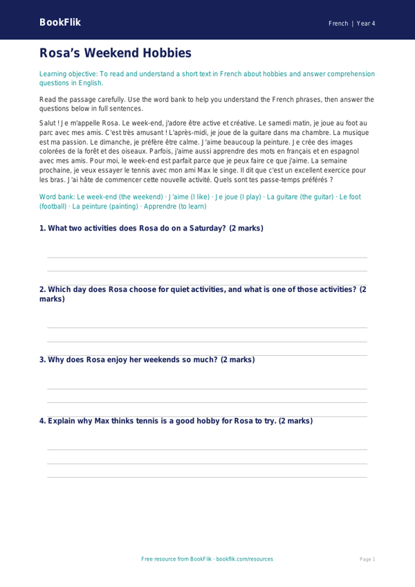 Hobbies Comprehension French Class 4 | CBSE Resource | BookFlik worksheet preview — French Hobbies