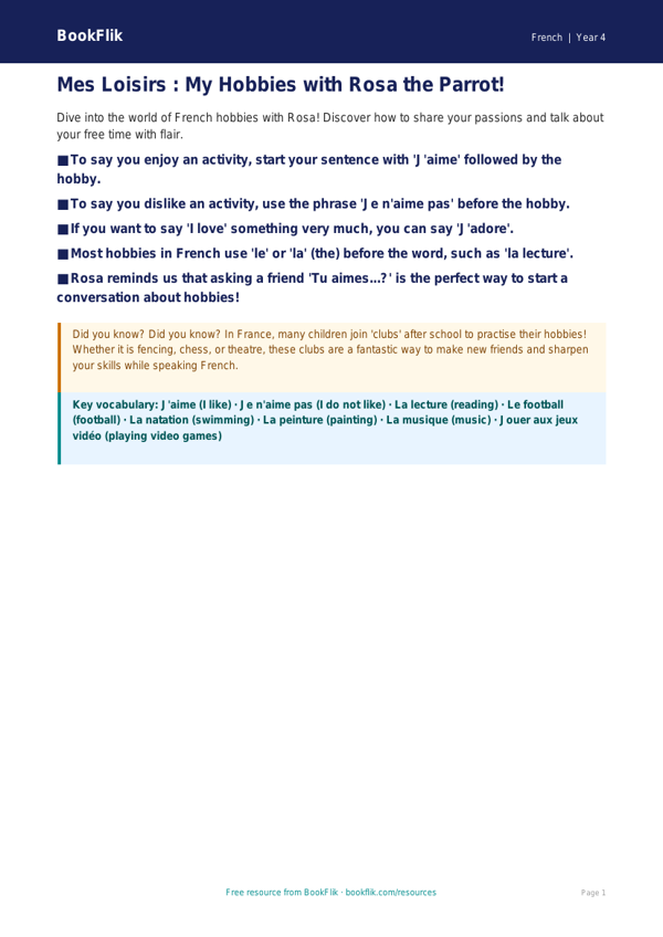 Free French Hobbies Poster | Class 4 CBSE | BookFlik worksheet preview β French Hobbies