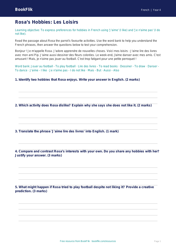 Free Hobbies Track Sheet | Class 4 | French | BookFlik worksheet preview — French Hobbies