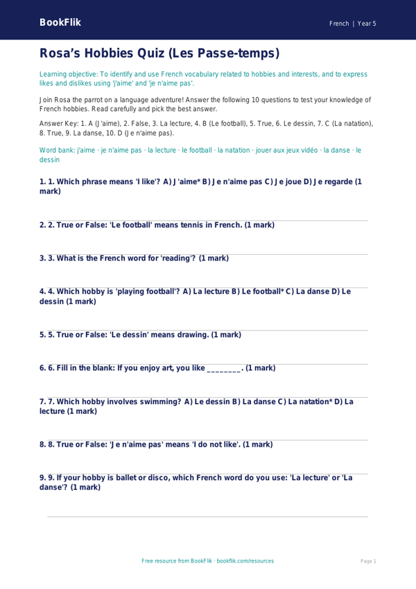 French Hobbies Quiz for Class 5 | CBSE Curriculum | BookFlik worksheet preview — French Hobbies