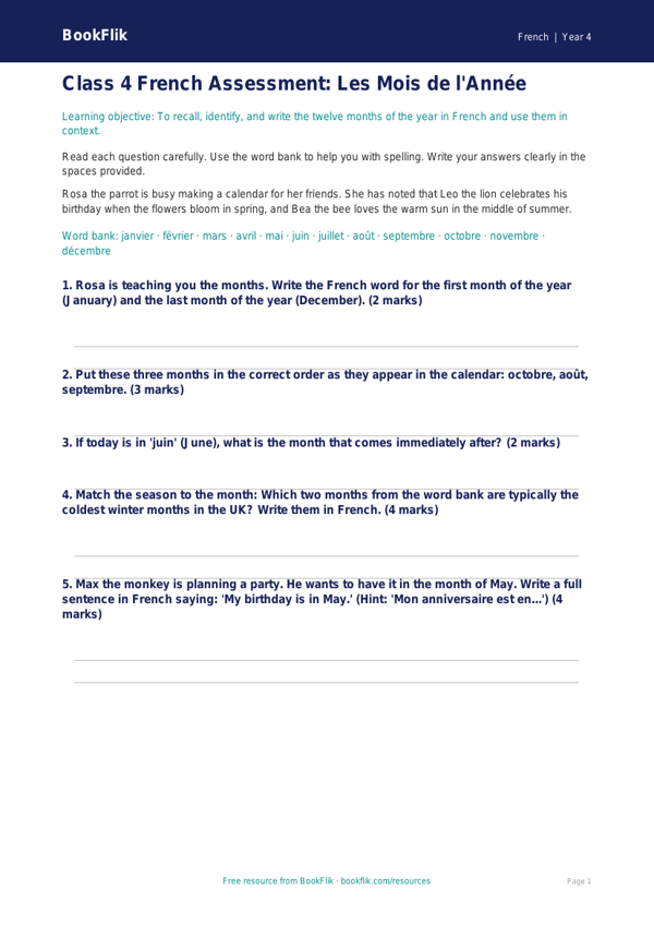 Free Months Of The Year Assessment | Class 4 | French | BookFlik worksheet preview — French Months Of The Year