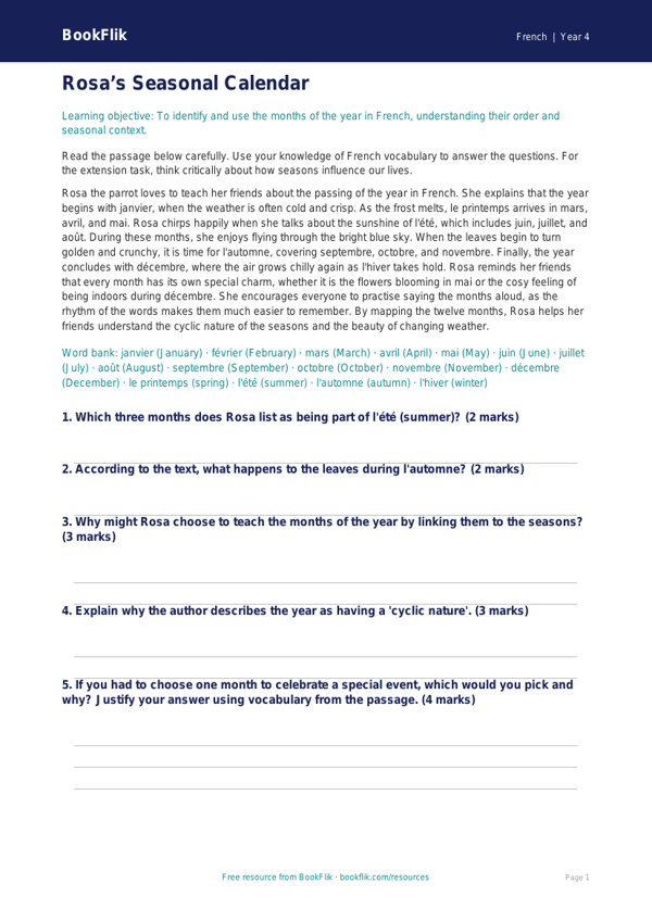 Free Months Of The Year Comprehension | Class 4 | French | BookFlik worksheet preview — French Months Of The Year