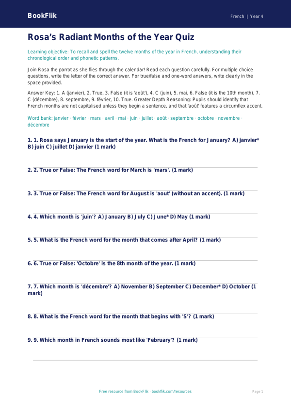 Free Months Of The Year Quiz | Class 4 | French | BookFlik worksheet preview — French Months Of The Year