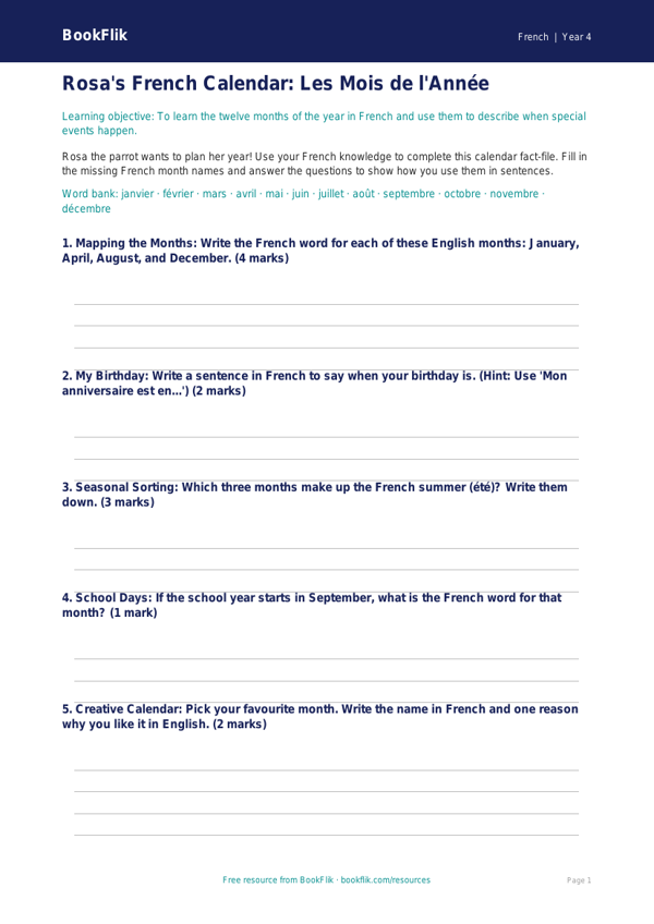 Free Months of the Year Template | Class 4 French | BookFlik worksheet preview — French Months Of The Year
