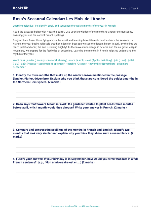 Free Months Of The Year Track Sheet | Class 4 | French | BookFlik worksheet preview — French Months Of The Year