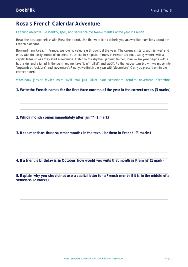 Free Months Of The Year Track Sheet | Class 5 | French | BookFlik worksheet preview — French Months Of The Year