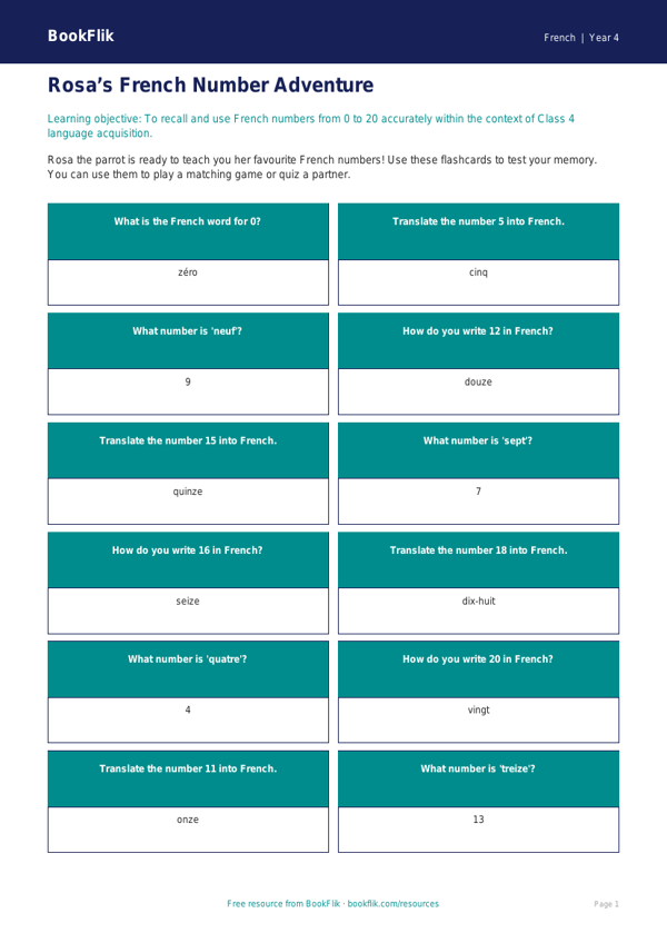 French Numbers 1-100 Flashcards for Class 4 | CBSE Resource worksheet preview — French Numbers