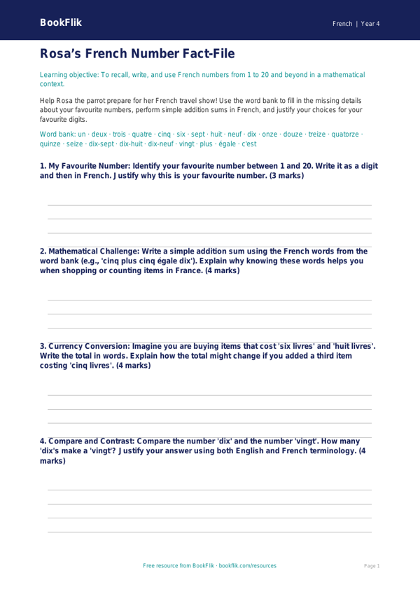 Class 4 French Numbers Worksheet | CBSE Curriculum | BookFlik worksheet preview — French Numbers