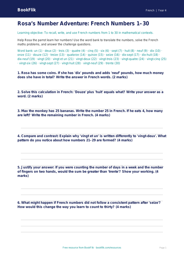 Class 4 French Numbers Worksheet | CBSE Curriculum | BookFlik worksheet preview — French Numbers