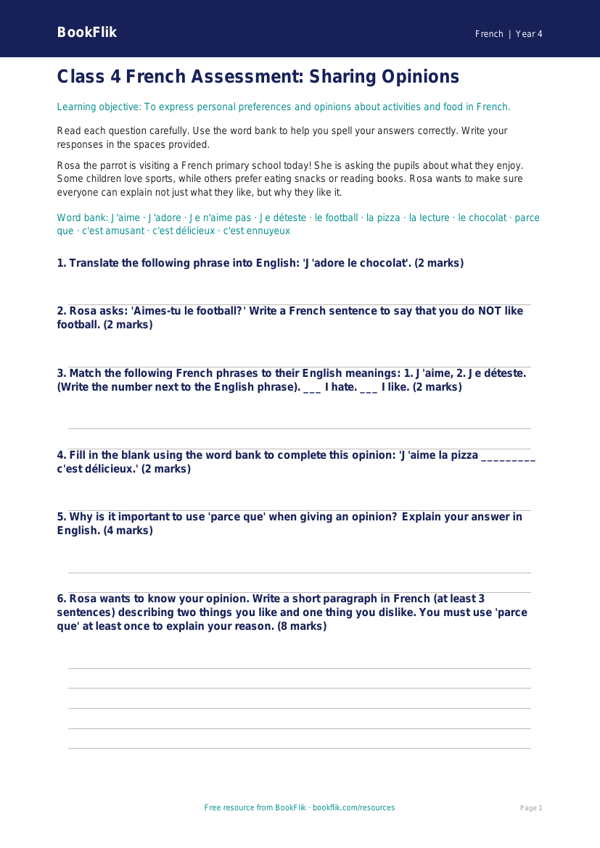 Free Opinion Phrases Assessment | Class 4 | French | BookFlik worksheet preview — French Opinion Phrases