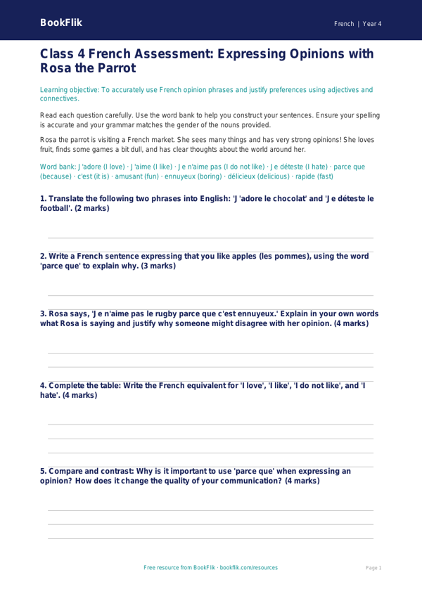 French Opinion Phrases Assessment | Class 4 CBSE | BookFlik worksheet preview — French Opinion Phrases