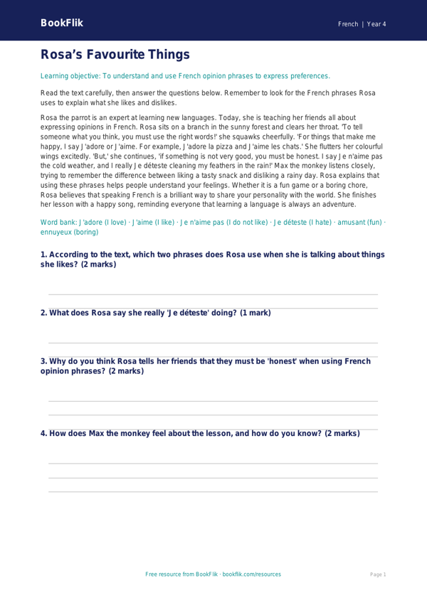 French opinion phrases comprehension class 4 core worksheet preview — French Opinion Phrases