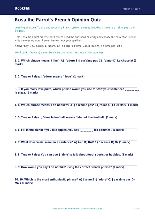French Opinion Phrases Quiz for Class 4 | CBSE Curriculum | BookFlik worksheet preview — French Opinion Phrases