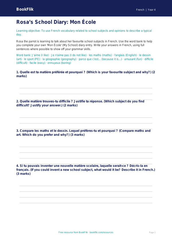Class 4 French School Vocabulary Worksheet | CBSE Curriculum | BookFlik worksheet preview — French School