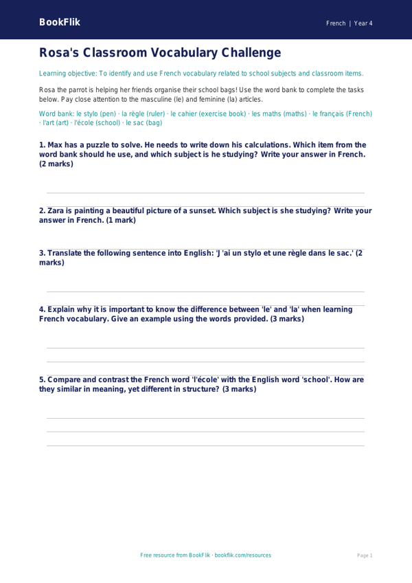 Free French School Worksheet for Class 4 | CBSE Curriculum | BookFlik worksheet preview — French School