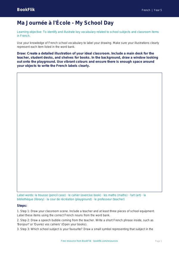 French School Vocabulary Worksheet | Class 5 CBSE | BookFlik worksheet preview — French School