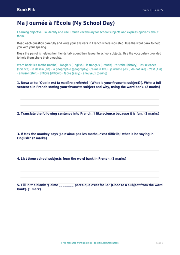 Free School Worksheet | Class 5 | French | BookFlik worksheet preview — French School