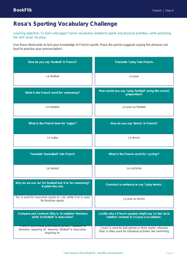 French Sports Vocabulary Flashcards | Class 4 CBSE | BookFlik worksheet preview — French Sports