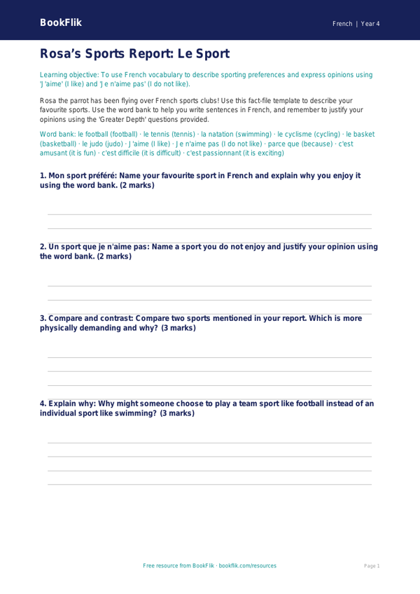 Class 4 French Sports Vocabulary & Grammar Worksheet | CBSE/NCERT worksheet preview — French Sports
