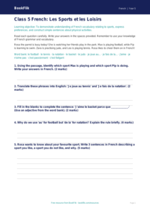 Class 5 French Sports Vocabulary Worksheet | CBSE | BookFlik