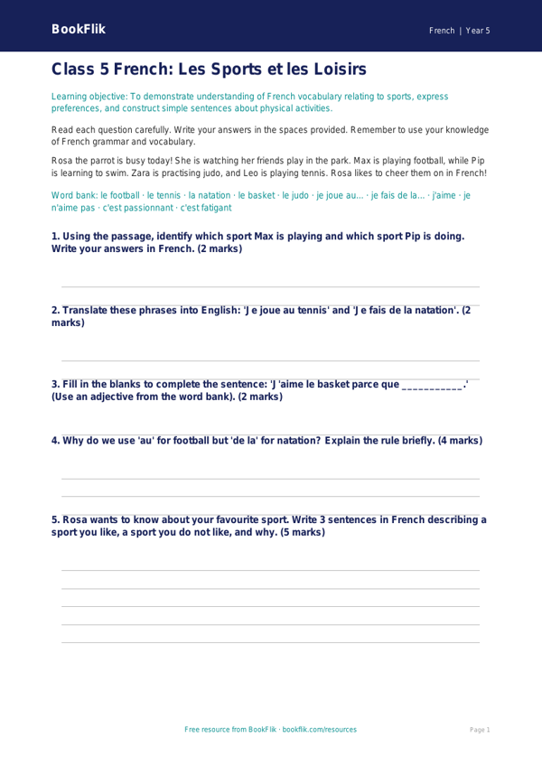 Class 5 French Sports Vocabulary Worksheet | CBSE | BookFlik worksheet preview — French Sports