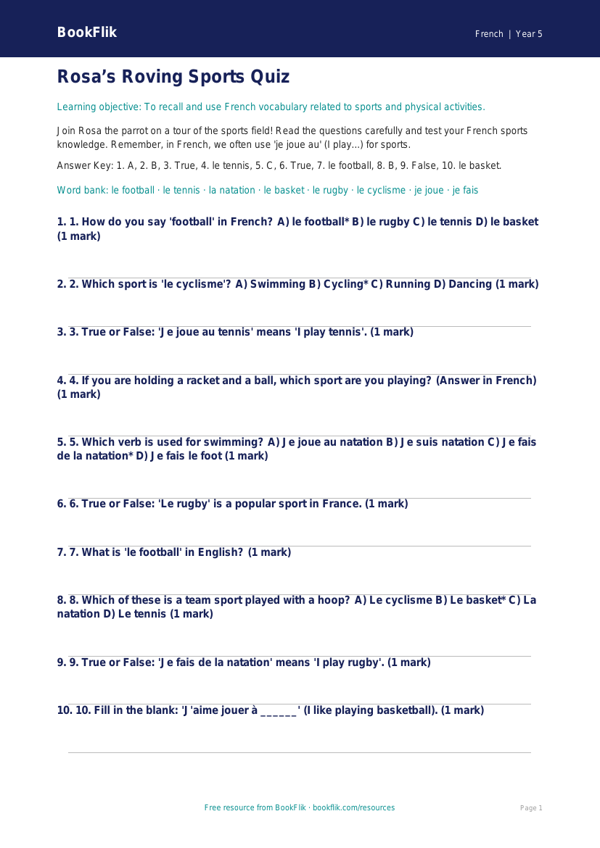 French Sports Vocabulary Quiz for Class 5 | CBSE | BookFlik worksheet preview — French Sports