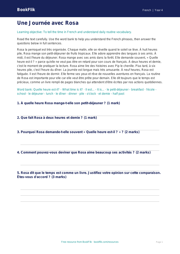 Telling the Time in French: Class 4 CBSE Worksheet | BookFlik worksheet preview — French Telling The Time
