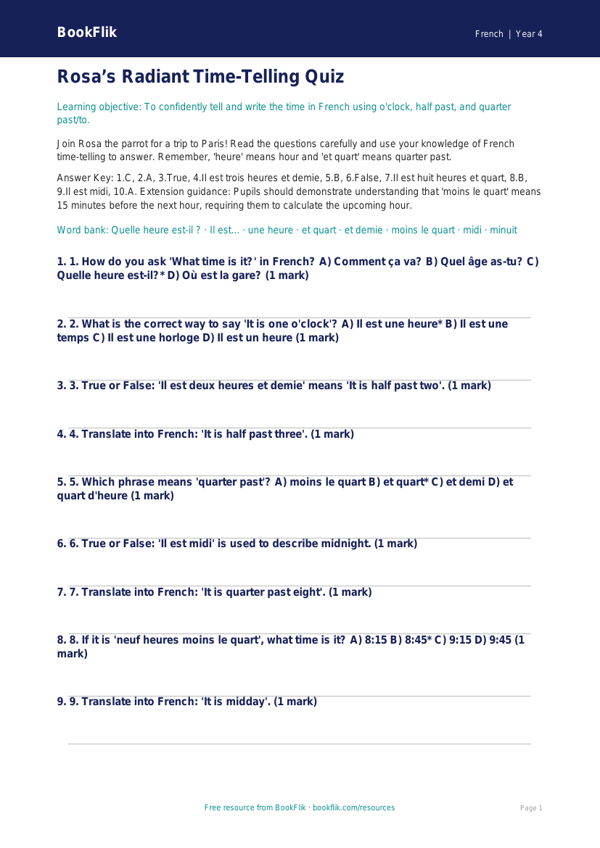 Telling the Time in French: Class 4 Quiz | BookFlik worksheet preview — French Telling The Time