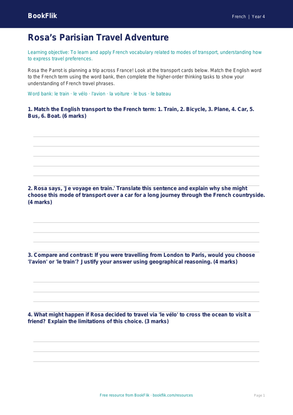 French Transport Activity Sheet for Class 4 | CBSE Curriculum worksheet preview — French Transport