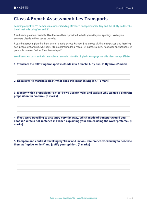 Transport Assessment for Class 4 | French CBSE Curriculum | BookFlik worksheet preview — French Transport