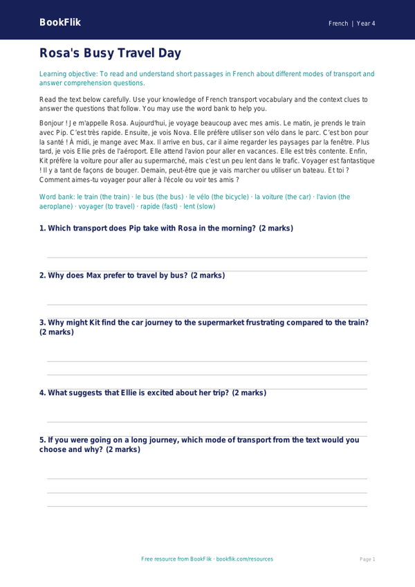 Free French Transport Comprehension | Class 4 | BookFlik worksheet preview — French Transport