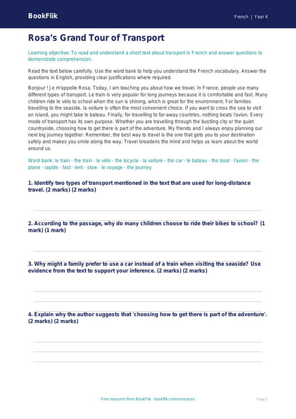 French Transport Comprehension Worksheet | Class 4 CBSE | BookFlik worksheet preview — French Transport