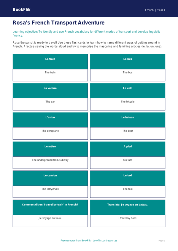 French Transport Flashcards for Class 4 | CBSE Curriculum | BookFlik worksheet preview — French Transport