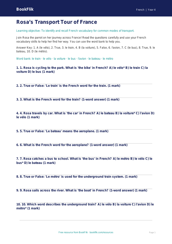 Free French Transport Vocabulary Quiz | Class 4 | BookFlik worksheet preview — French Transport