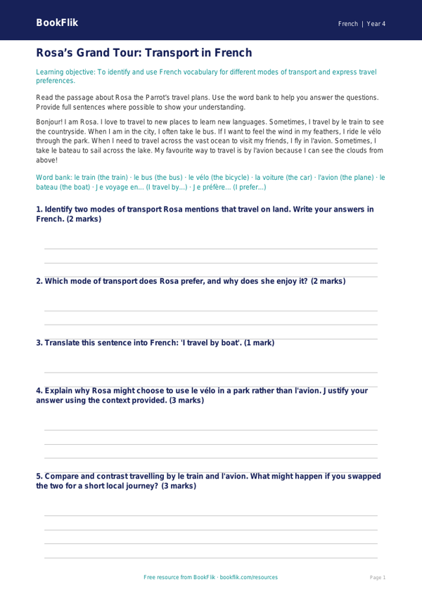 Transport Track Sheet for Class 4 French | CBSE Curriculum worksheet preview — French Transport