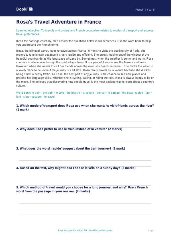 Transport in French: Class 5 Worksheet | CBSE French Vocabulary worksheet preview — French Transport